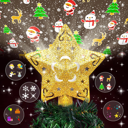 Christmas Tree Topper Lighted with 5 Projection Modes, Christmas Star Tree Topper Built-in LED Rotating Lights, Gold 3D Glitter Dynamic Projection for Christmas Tree Decorations