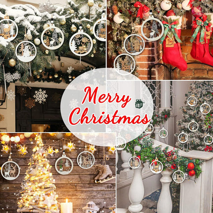 Coume 24 Pcs Christmas Wooden Ornaments Christmas Tree Ornaments Hollow Winter Ornaments Wood Craved Hanging Craft Decorations Farmhouse Rustic 3D Glitter Reindeer Santa Snowman, 12 Designs