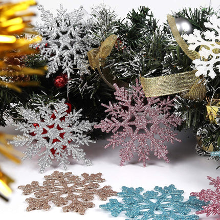 RECUTMS 40Pcs Plastic Snowflake Ornaments Christmas Glitter Snowflakes Hanging Crafts for Wedding Birthday Home Xmas Tree Window Door Accessories,4 Inches,2 Pattern (Champagne)