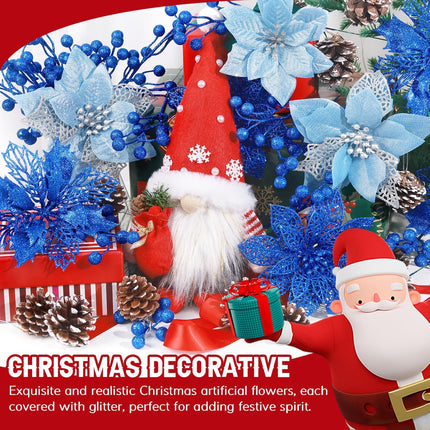 Hommtina 56 Pcs Christmas Decorations, 4 Styles Poinsettias Artificial Christmas Flowers Glitter Berries Stems Ornaments Tree with Pine Cones & Stems for Xmas Wedding DIY Wreath Floral Party (Blue)