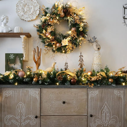 9FT Christmas Garland with Lights (Pre-Lit), Soomeir Artificial Christmas Decorations Decor, Champagne, Pine Cones, Ribbon, 80 Lights with Timer, for Indoor Outdoor Xmas Snow (Gold)