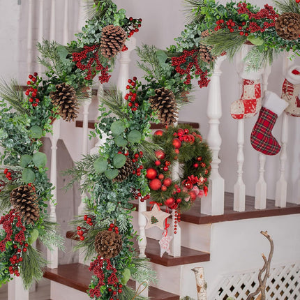Winlyn 6' Long Artificial Eucalyptus and Pine Christmas Garland with Pine Cones Red Berries Pine Needles Winter Greenery Garland Christmas Season Holiday Wedding Table Runner Centerpiece Mantel Decor