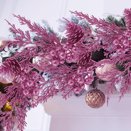 Winlyn 12 Pcs Christmas Artificial Pine Branches Pink Glittered Pine Needles with Pinecone and Berries Christmas Floral Picks 14.2" for Pink Christmas Tree Seasonal Wreath Swag Garland Wedding Bouquet