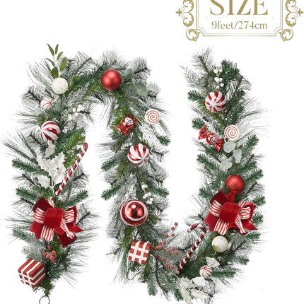 Valery Madelyn 9 feet Pre-Lit Christmas Garland with Lights for Mantle, Lighted Battery Operated Candy Cane Xmas Garland with Red White Balls for Front Door Fireplace Table Centerpiece Outdoor Decor