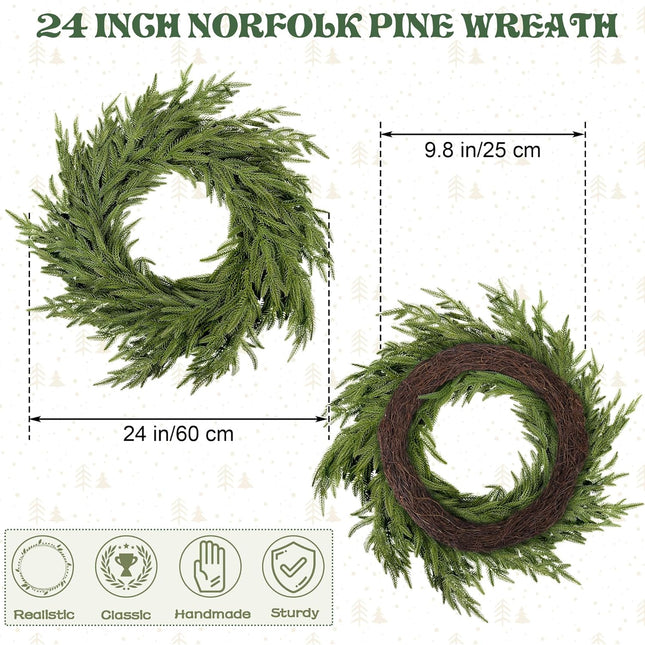 Christmas Norfolk Pine Wreath 24 Inch Green Wreaths for Front Door Artificial Cedar Wreath Faux Greenery Realistic Wreath for Christmas Porch Windows Indoor Outdoor Decor DIY Crafts