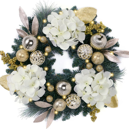 Valery Madelyn Pre-Lit Christmas Wreath for Front Door with Lights, 20 Inch Lighted Christmas Wreath with White Gold Xmas Ball for Fireplace Window Outdoor Table Centerpiece Holiday Home Decoration