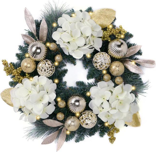 Valery Madelyn Pre-Lit Christmas Wreath for Front Door with Lights, 20 Inch Lighted Christmas Wreath with White Gold Xmas Ball for Fireplace Window Outdoor Table Centerpiece Holiday Home Decoration