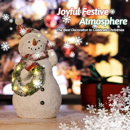 Christmas Snowman Decor Christmas Figurines Resin Snowman Lighted Decorations Indoor Glowing Wreath LED Holiday Light Up Snowman Snowman Xmas Decor for Home Kitchen Holiday Party