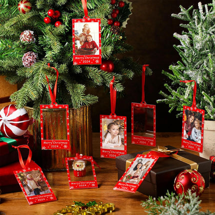 24 Pcs Merry Christmas Picture Frame Ornaments Acrylic 2 x 3 Frame Ornaments for Instax Hanging Photo Ornaments for Polaroid with Red Ribbon Picture Frames for Christmas Tree