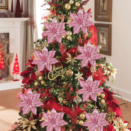 Briful 9'' Christmas Poinsettia Flowers 8PCS Pink Glitter Artificial Flowers Large Christmas Ornament Flowers for Xmas Tree Wreath Garland Decoration