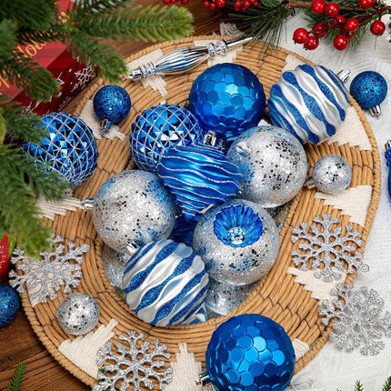 Hollyone Blue and Silver Christmas Balls Ornaments Set, 50pcs Large Glitter Shatterproof Christmas Snowflakes Ornaments Bulk Decoration Hanging Ball for Xmas Tree Wreath Garland Wedding Home Decor
