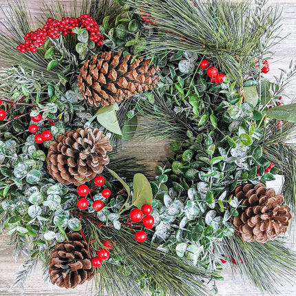 Winlyn 6' Long Artificial Eucalyptus and Pine Christmas Garland with Pine Cones Red Berries Pine Needles Winter Greenery Garland Christmas Season Holiday Wedding Table Runner Centerpiece Mantel Decor