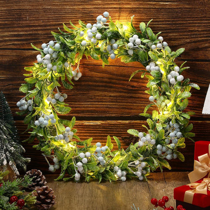 Dingion 16 Inch Flocked Olive Christmas Wreath with Lights Pre-Lit Artificial Christmas Wreath for Front Door Snowy Olive Garland Battery Operated Door Wreath for Fireplace Indoor Outdoor Wall Window