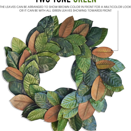 30" Faux Magnolia Leaf Wreath - 2-Tone Green Artificial Boho Wreaths for Front Door, Kitchen, Home- Polyester, Metal Wire, Tape - Farmhouse Decor for Christmas, Wedding, Baby Shower