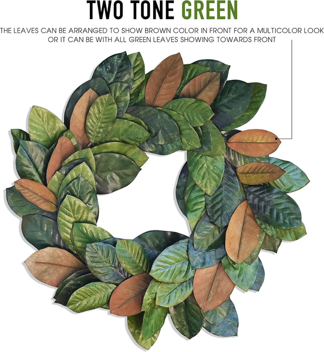 30" Faux Magnolia Leaf Wreath - 2-Tone Green Artificial Boho Wreaths for Front Door, Kitchen, Home- Polyester, Metal Wire, Tape - Farmhouse Decor for Christmas, Wedding, Baby Shower