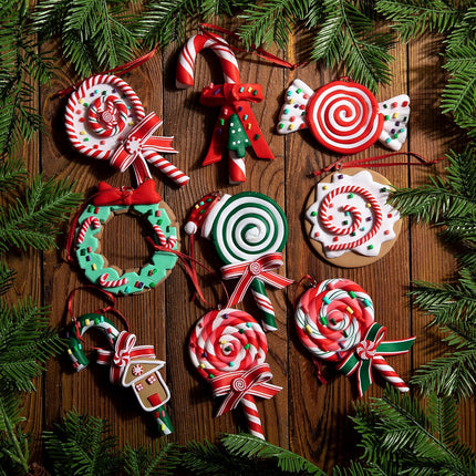 moonoom 9pcs Christmas Lollipop Ornament,Christmas Candies Polymer Clay Ornament,Xmas Decor Candy Cane Hanging Decorations,Sweets Candy Pendant Xmas Tree Party Supplies (Lollipop)