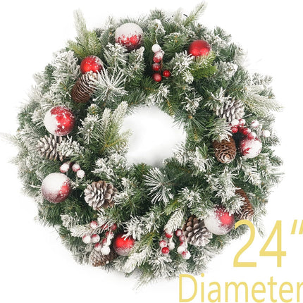 Flocked Christmas Wreath Pre-lit 24 inch with 50 Light & Red Ball Pine Cone, Artificial Christmas Wreaths for Front Door with Lights, Wreath for Christmas Decoration Door Windows Wall Green