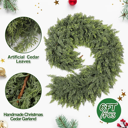 Waydress 1 Pcs 6ft Christmas Cedar Garland Artificial Green Cedar Garland Faux Cedar Pine Needles Garland for Home Fireplace Indoor Outdoor Holiday Party Decoration