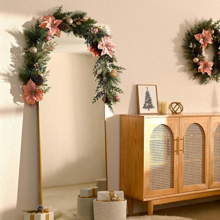 Decorbyhannah Christmas Poinsettia Garland with Lights, 6ft Lighted Artificial Greenery Garland Christmas Decorations with Pink Gold Ornaments, Battery Operated Christmas Garland Indoor for Mantle