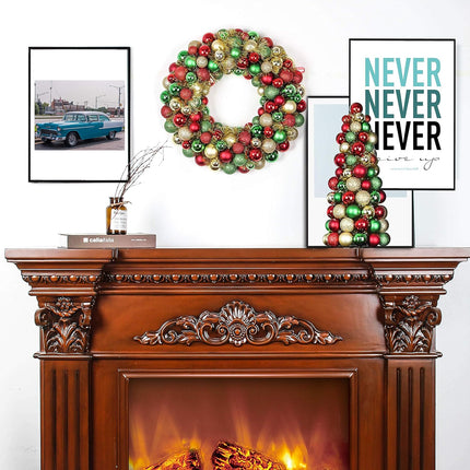 16 Inch Christmas Ball Wreath Ornaments Home Party Decors Xmas Holiday Decorative Shatterproof Hanging Ornament Wreath for Front Door Red Gold Green