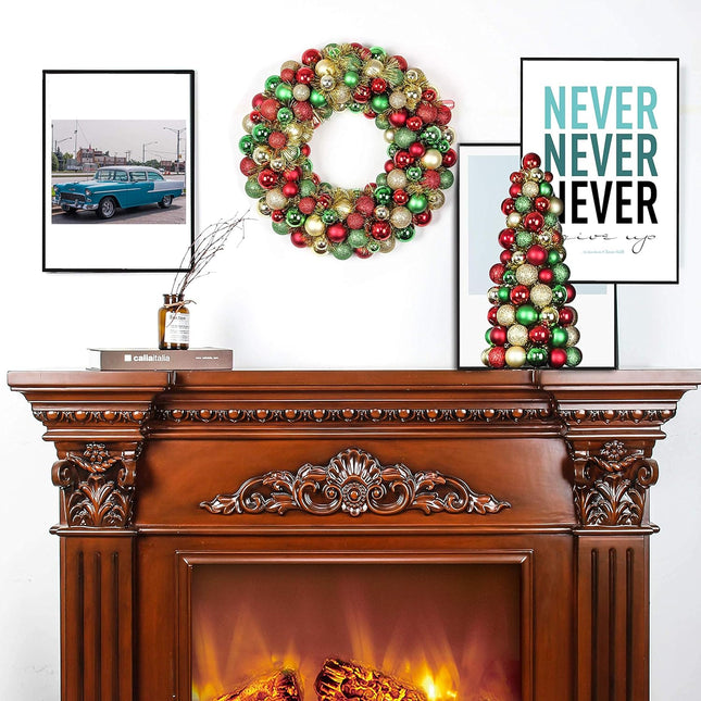 16 Inch Christmas Ball Wreath Ornaments Home Party Decors Xmas Holiday Decorative Shatterproof Hanging Ornament Wreath for Front Door Red Gold Green