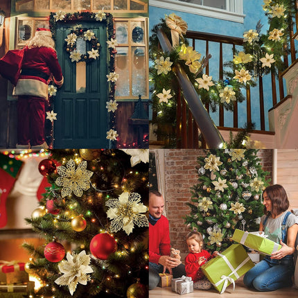 Whaline 24Pcs Christmas Poinsettia with 24Pcs Clips 4 Design Glitter Gold Artificial Flower Winter Party Supplies for Xmas Tree Ornament Wedding Birthday Wreath Decoration