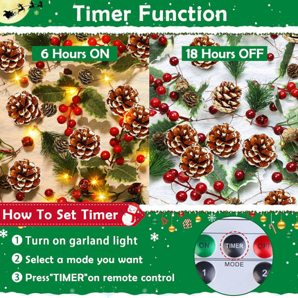 9.8FT Prelit Christmas Decorations Garland with Lights,Christmas Garlands with Pine Red Berry, 8 Modes Christmas Garland for Indoor Outdoor Mantle Stairs Railing Xmas Party Decor