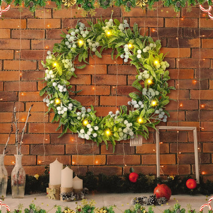 Dingion 16 Inch Flocked Olive Christmas Wreath with Lights Pre-Lit Artificial Christmas Wreath for Front Door Snowy Olive Garland Battery Operated Door Wreath for Fireplace Indoor Outdoor Wall Window