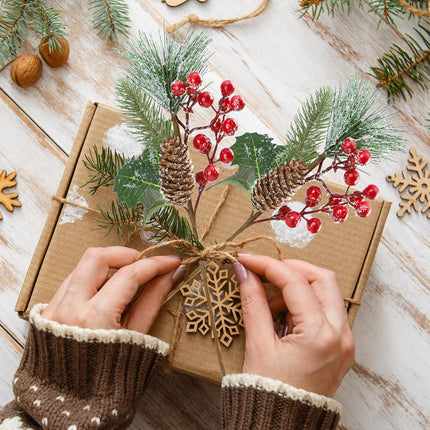 Sggvecsy 6 Pack Snow Frosted Christmas Berries Pine Picks Artificial Red Berry Pine Branches Frosted Faux Pine Stem with Pine Cones Holly Berry Leaves for Xmas Tree Wreath DIY Craft Holiday Decor