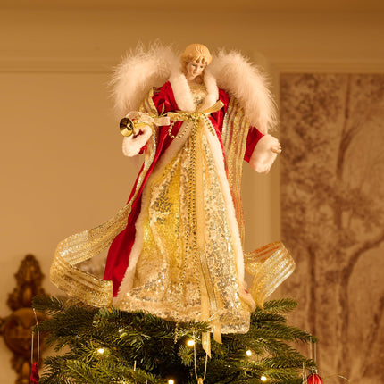 Valery Madelyn Lighted Christmas Tree Topper Angel with Timer, 12 Inch Luxury Red Gold Fabric Small Angel Tree Topper with Lights for Christmas Tree Decoration Indoor, Battery Operated