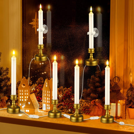 Meonum 6 Pack Christmas Window Candles Lights with Connectable Plug, on Off Switch and Suction Cups, 0.8w Plug in Flameless Taper LED Candle Light for Windows, 4.92ft Cords
