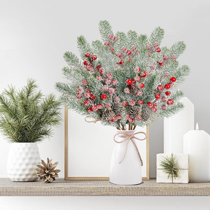 Sggvecsy 6 Pack Snow Frosted Christmas Berries Pine Picks Artificial Red Berry Pine Branches Faux Pine Stem with Pine Cones for Xmas Tree Wreath DIY Craft Floral Arrangement Holiday Decor (Red)