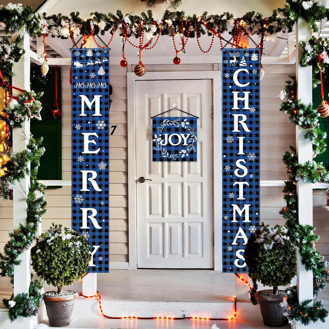 3 Piece Merry Christmas Porch Signs Christmas Buffalo Plaid Porch Banner Xmas Party Front Door Sign Joy Christmas Hanging Decors for Holiday Home Indoor Outdoor Christmas Party Favor (Blue and Black)