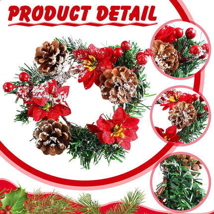 4 Pcs 7 Inch Christmas Poinsettia Candle Holder Red Berries Snowy Pine Needles Candle Rings Xmas Wreath Candle Holder Centerpiece with 4 Pcs Candle Holders Glass for Xmas Home Party Table Decor