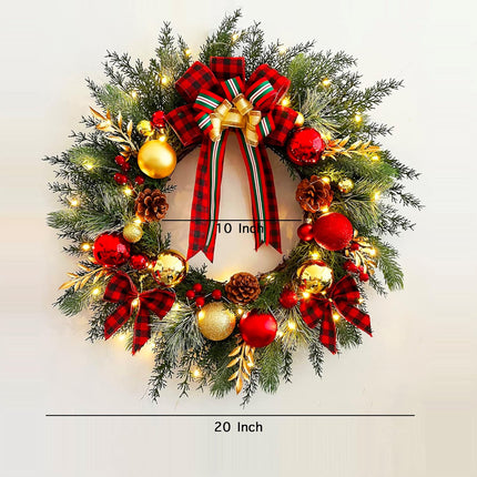 Christmas Wreath with Lights 20 Inch Pre-Lit Christmas Door Wreath for Front Door with Red Plaid Bow and Ball Ornaments, Battery Operated Timer 40 LED Lights, Holiday Decoration for Fireplace Xmas