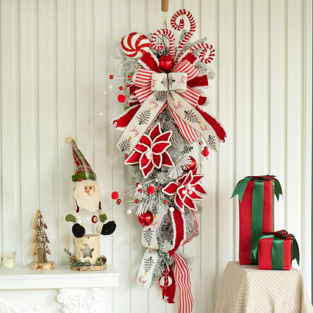 36 Inch Christmas Teardrop Swag, Soomeir Winter Holiday Swags Wreaths with Red White Stripe Ribbon and Lollipop for Front Door, Wall Window Fireplace Indoor Outdoor Decor