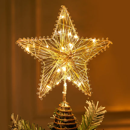 Joiedomi Christmas Tree Toppers, Gold Metal Star Tree Topper, Battery Powered Treetop Ornaments Hollow Star Lighted with Warm White LED Lights for Xmas Tree Decorations, Holiday Party Indoor Decor
