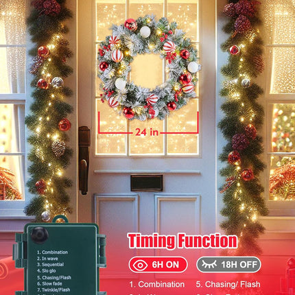 Pre-Lit Artificial Christmas Wreath 24Inch, Christmas Door Decorations Wreath with 50LED Warm Lights, Christmas Balls, Pine Needles, and Red Berries for Front Door Wall Windows X-mas Ornament