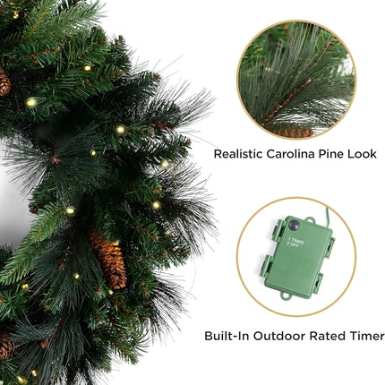 Papyrus 24" Pre-Lit Carolina Pine Artificial Wreath, Pine Cones, Warm White Light, Battery Powered, Indoor/Outdoor