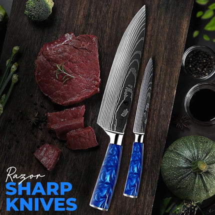 10 Pcs Set Sky Knives Santoku Nakiri Chef Kitchen Knife Blue Handle Stainless Steel