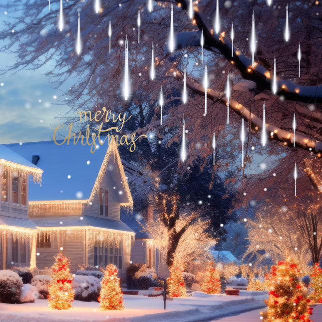 Minetom Meteor Shower Lights Outdoor, 16 Inch 2 Pack Total 16 Tubes 576 LED Icicle Lights, Waterproof Meteor Christmas Lights Outdoor, Falling Rain Lights for Tree Holiday Christmas Decoration, White