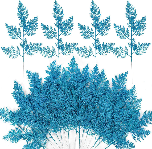 Christmas Artificial Pine Needles Stems 17.3In Glitter Branches Pine Leaves Picks Christmas Tree Filler Branches Fake Floral Twig Stems for DIY Garland Flower Home Wreaths Holiday Winter Decor(Blue)