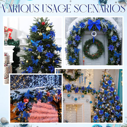 122 Pcs Christmas Glitter Poinsettia Artificial Flowers Berry Picks Butterfly Christmas Tree Ornaments 3 Styles Poinsettia kit with Clip for Xmas Wreath Home Tree Decor(Royal Blue)