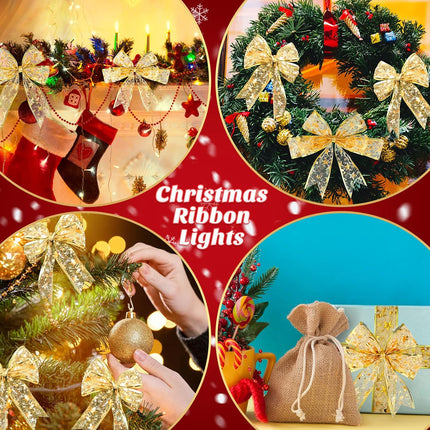 4 Pcs 65.62 ft Christmas Ribbon Fairy Lights Gold Christmas Lights Lighted Ribbon Garland for Christmas Tree Gold Garland Christmas Decorations Indoor Outdoor Party Decorations, Warm White