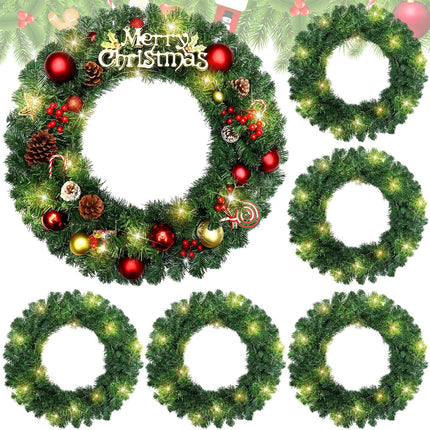Hotop 6 Pcs 24 Inch Pre Lit Christmas Wreath with Lights Large Artificial LED Christmas Front Door Wreath for Xmas Holiday Party Decorations Fireplaces Porch Wall Ornament