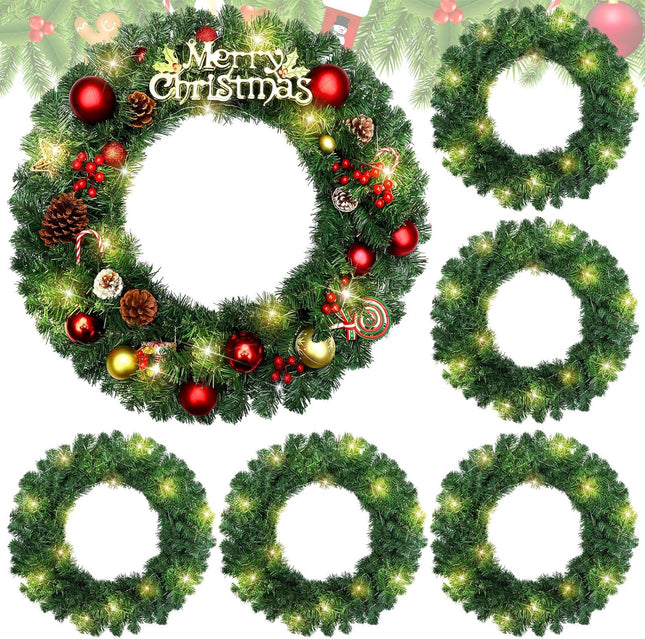 Hotop 6 Pcs 24 Inch Pre Lit Christmas Wreath with Lights Large Artificial LED Christmas Front Door Wreath for Xmas Holiday Party Decorations Fireplaces Porch Wall Ornament