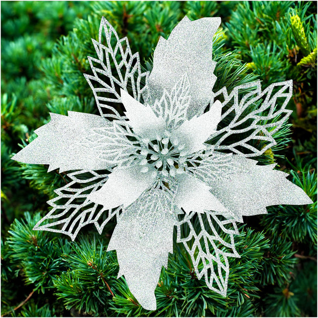 Ubrave 12PCS White Poinsettia Christmas Tree Decorations Glitter Artificial Poinsettia Flowers White Poinsettia Christmas Tree Ornaments, Easy to Apply with Box