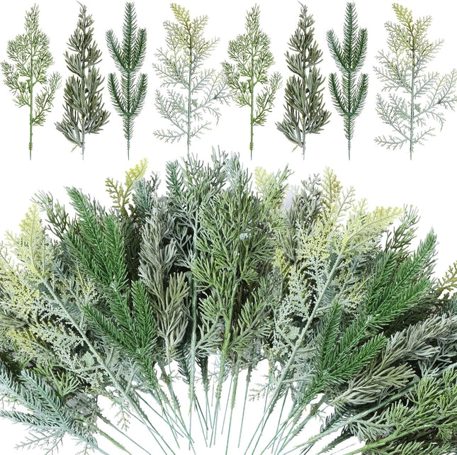 Lyrow 80 Pcs Christmas Artificial Pine 4 Styles Snowy Artificial Pine Branches Faux Leaves Needle Plastic Pine Fake Greenery Pick Greenery Christmas Tree for DIY Christmas Wreaths Home Decoration