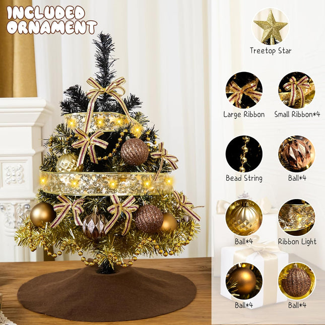 Small Artificial Christmas Tree Decorations - Mini Christmas Table Top Tree 2 FT, Xmas Desk 24 Inch Tree with 20 LED Ribbon Lights, Hanging Ornament for Home Decor Indoor Office Holiday Tabletop Party