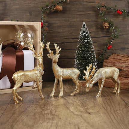 Lulu Home 3 PCS Christmas Tabletop Decorations, Resin Golden Reindeer Family Figurines with Diverse Postures, Xmas Holiday Winter Centerpieces Ornaments for Mantel Shelf Sill Home Office Decor